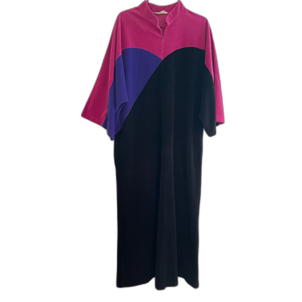Vintage Vanity Fair Robe House Dress Black, Purple & Pink Color Block Zip Neck L